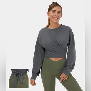 NWT HALARA M Gray Tie Back Dropped Shoulder Lace Up Casual Lounge Sweatshirt